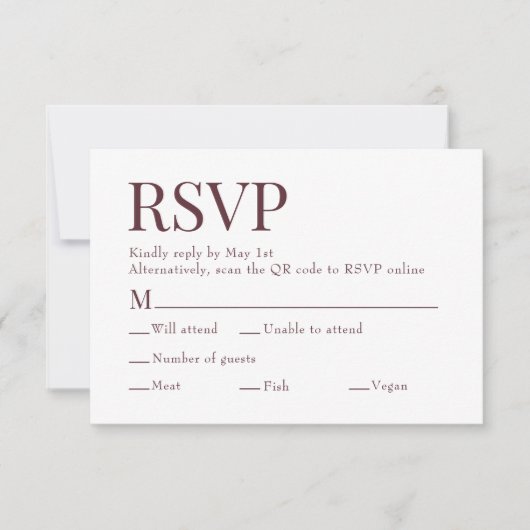 Maroon Red Scan Qr Code Wahlmenü Hochzeit RSVP Karte (Vorderseite)
