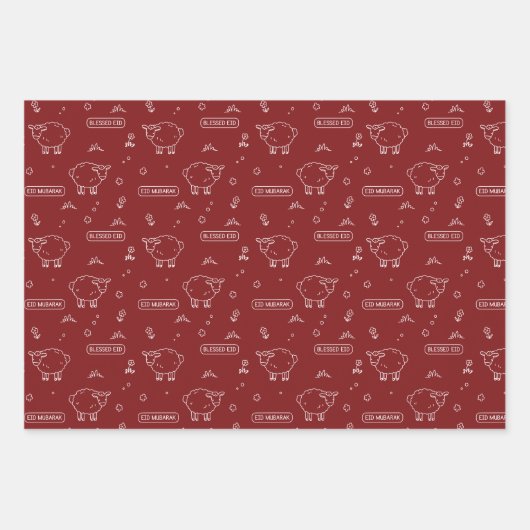Maroon Red Sheep Eid Mubarak Kids Geschenkpapier Set (Vorderseite 3)