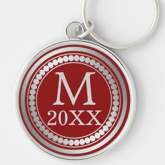 Maroon Red Silver Frame Monogram Schlüsselanhänger (Vorne)