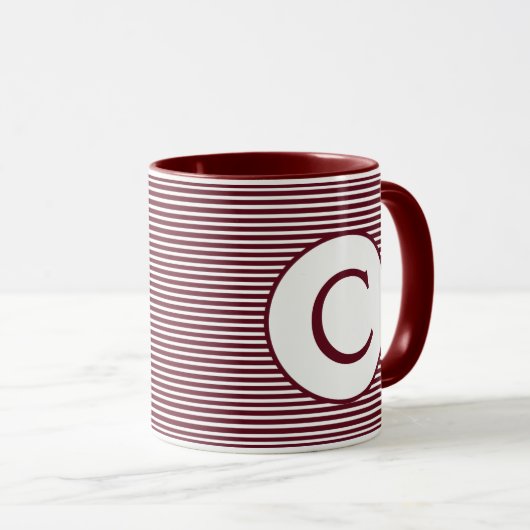 Maroon Red Stripe Monogram Tasse (VorderseiteRechts)