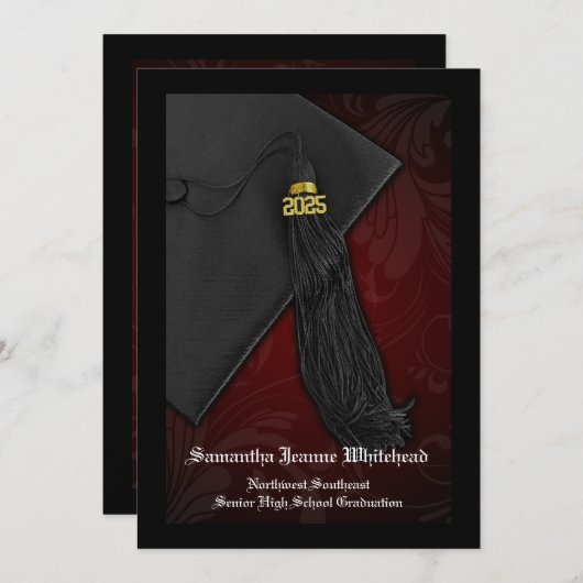 Maroon Red Tassel Charm Abschluss 2025 Einladung (Vorne/Hinten)