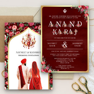 Maroon Red Typography Anand Karaj Sikh Wedding Einladung
