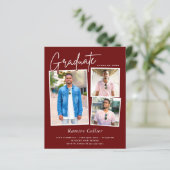 Maroon Red White 3 Foto Abschluss Einladung (Stehend Vorderseite)