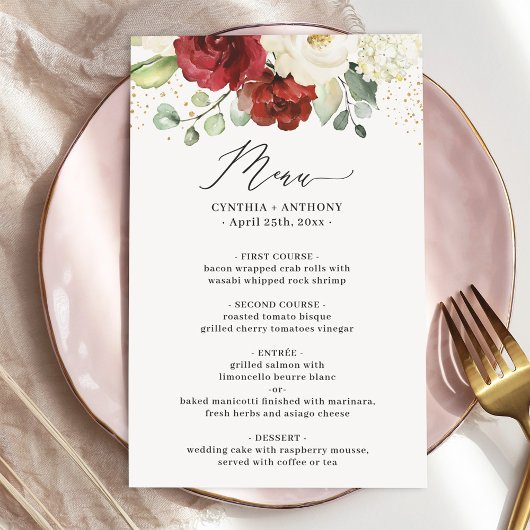Maroon Red White Floral Wedding Menu für Wasserfar
