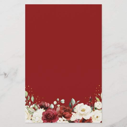 Maroon Red White Floral Wedding Menu für Wasserfar (Rückseite)
