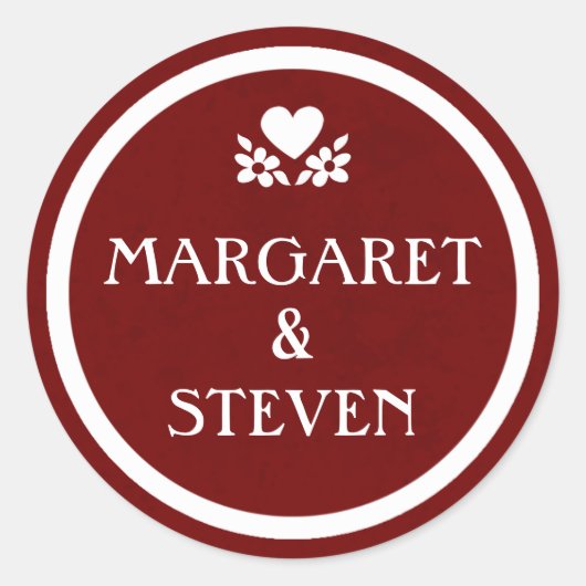 Maroon Red & White Wedcle Circle Name Aufkleber (Vorderseite)