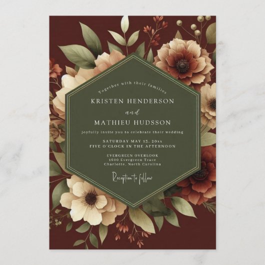 Maroon Romantic Botanical Wedding Einladung (Vorderseite)