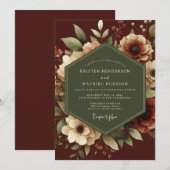 Maroon Romantic Botanical Wedding Einladung (Vorne/Hinten)