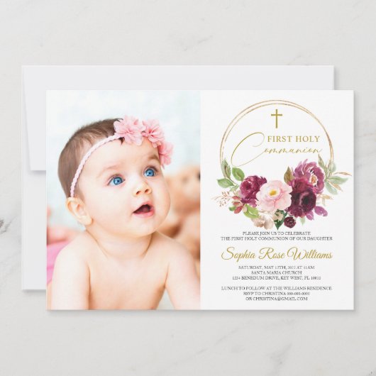 Maroon Rose Floral Foto Girl Einladung (Vorderseite)