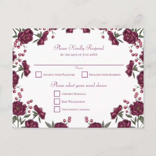 Maroon Rose Wedding RSVP Feiertagspostkarte (Vorderseite)