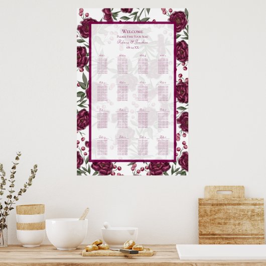 Maroon Rose Wedding Seating Chart Poster (Küche)