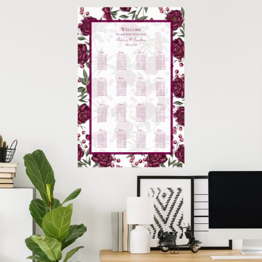 Maroon Rose Wedding Seating Chart Poster (Heimbüro)