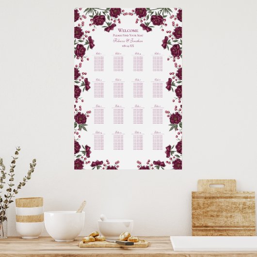Maroon Rose Wedding Seating Chart Poster (Küche)
