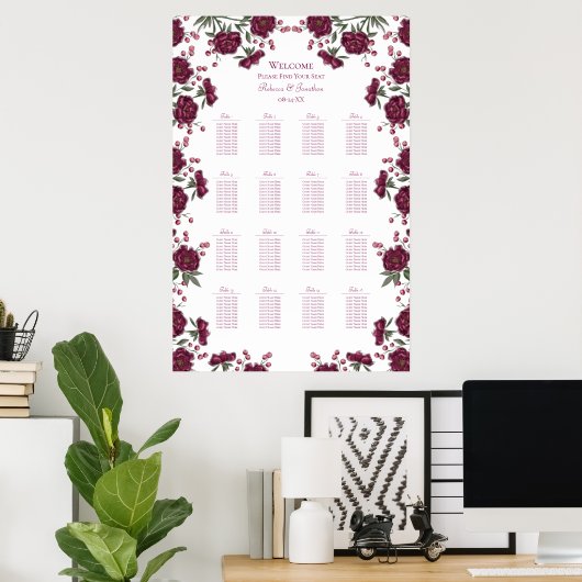 Maroon Rose Wedding Seating Chart Poster (Heimbüro)