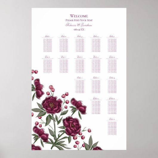 Maroon Rose Wedding Seating Chart Poster (Vorne)