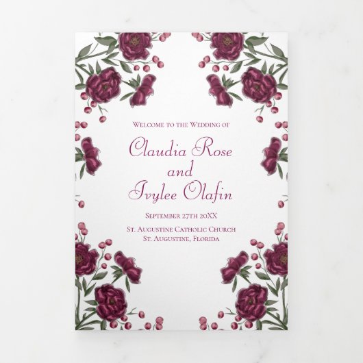 Maroon-Rosen-Hochzeitsprogramme Dreifach-gefaltete Programmkarte (Cover)