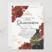 Maroon Rote Rose Gold Butterfly Quinceañera Einladung (Vorderseite)