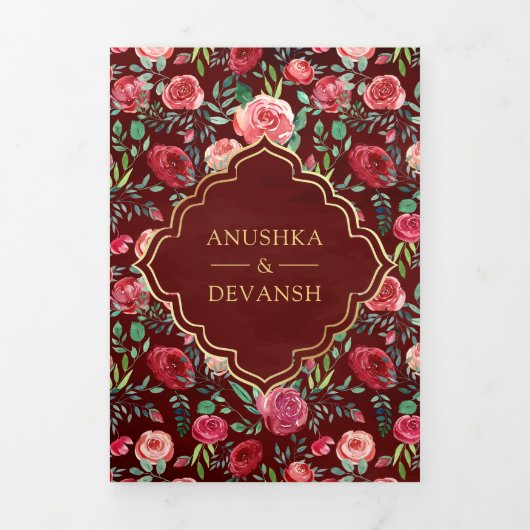 Maroon Rote Rosen Floral Gold Indian Wedding Dreifach Gefaltete Einladung (Cover)