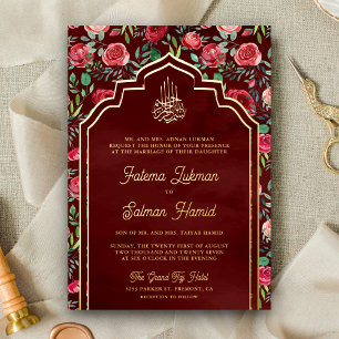 Maroon Rote Rosen Florale Muslimische Hochzeit Gol Folieneinladung