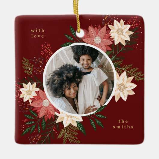 Maroon Round Foto Floral Kids Weihnachten Keramikornament (Vorderseite)