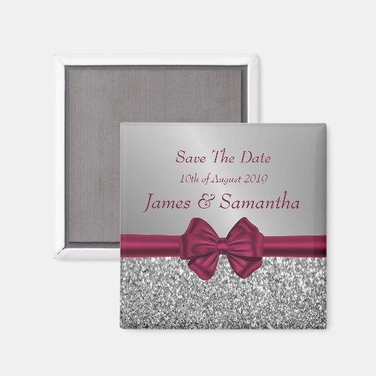 Maroon Satin Bow & Silver - Save the Date Magnet (Vorderseite/Rückseite)
