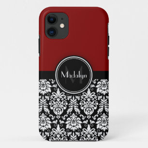 Maroon Schwarz-weiß Damask Monogram Letter Case-Mate iPhone Hülle