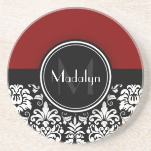 Maroon Schwarz-weiß Damask Monogram Letter Getränkeuntersetzer