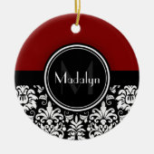 Maroon Schwarz-weiß Damask Monogram Letter Keramik Ornament (Vorne)