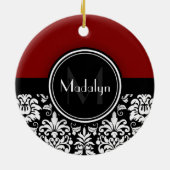Maroon Schwarz-weiß Damask Monogram Letter Keramik Ornament (Hinten)