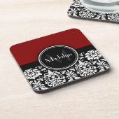 Maroon Schwarz-weiß Damask Monogram Letter Untersetzer (Linke Seite)