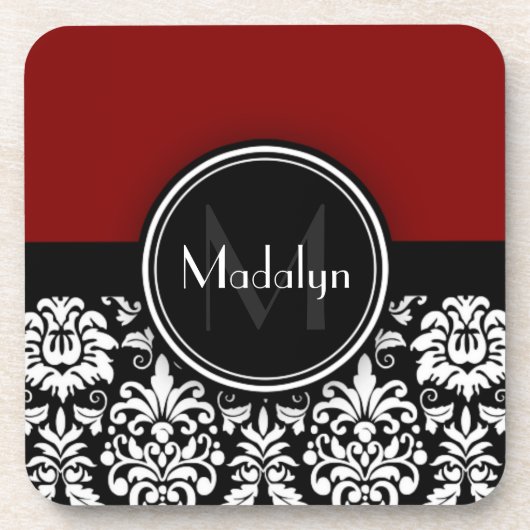 Maroon Schwarz-weiß Damask Monogram Letter Untersetzer (Vorderseite)
