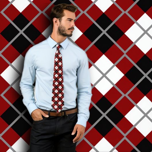 Maroon, Schwarz, Weiß und Grau Raute Print Necktie Krawatte