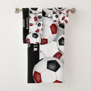 Maroon Schwarze Mannschaftsfarben Viele Fußballbäl Badhandtuch Set