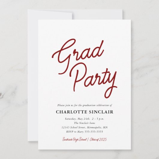 Maroon Script Simple Budget Grad Party Einladung (Vorderseite)