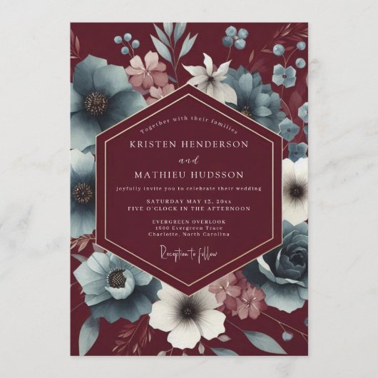 Maroon Slate Somber Bloom Wedding Einladung (Vorderseite)