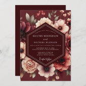 Maroon Somber Bloom Wedding Einladung (Vorne/Hinten)
