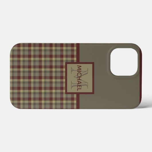Maroon, Tan und Grau Kariert Mit Monogramm Case-Mate iPhone Hülle (Rückseite (Horizontal))