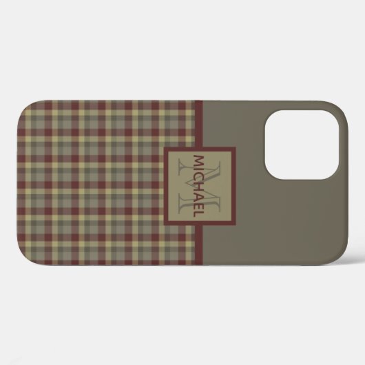 Maroon, Tan und Gray Karierte Mit Monogramm Case M (Rückseite (Horizontal))