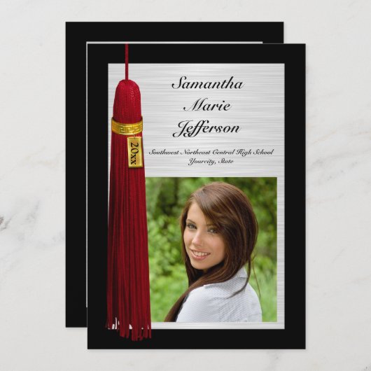 Maroon Tassel mit Foto Graduation Party Einladung (Vorne/Hinten)