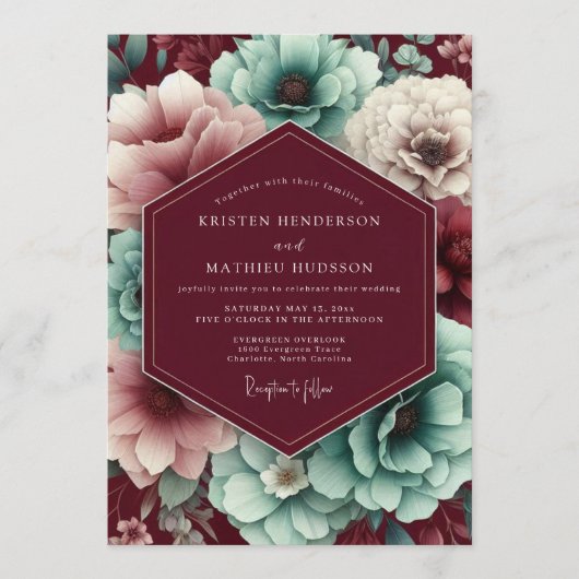 Maroon & Teal Autumnal Bloom Wedding Einladung (Vorderseite)