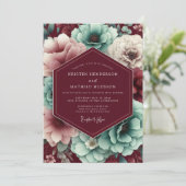 Maroon & Teal Autumnal Bloom Wedding Einladung (Stehend Vorderseite)