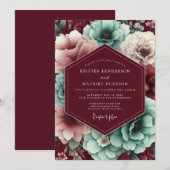 Maroon & Teal Autumnal Bloom Wedding Einladung (Vorne/Hinten)