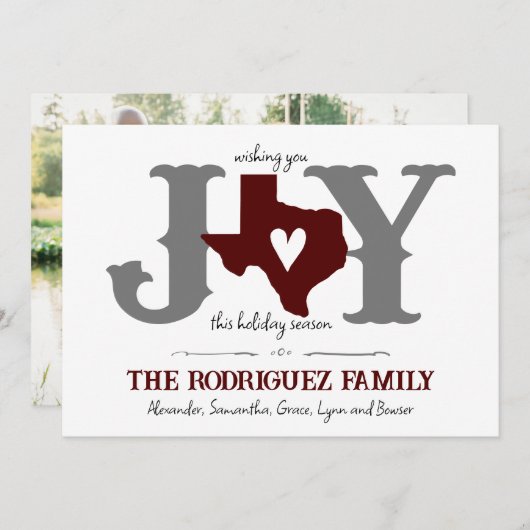 Maroon Texas JOY Foto Feiertagskarte (Vorne/Hinten)