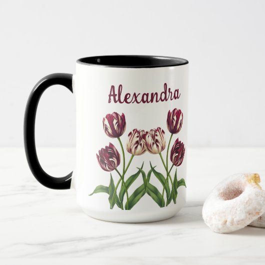 Maroon Tulips mit Name Tasse (Mit Donut)
