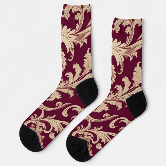 Maroon und Beige Vintages Muster Socken (Linkes Detail)