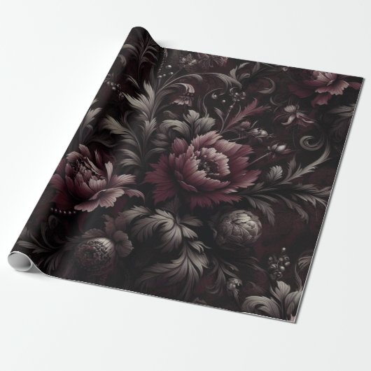 Maroon und Black Floral Geschenkpapier (Ungerollt)