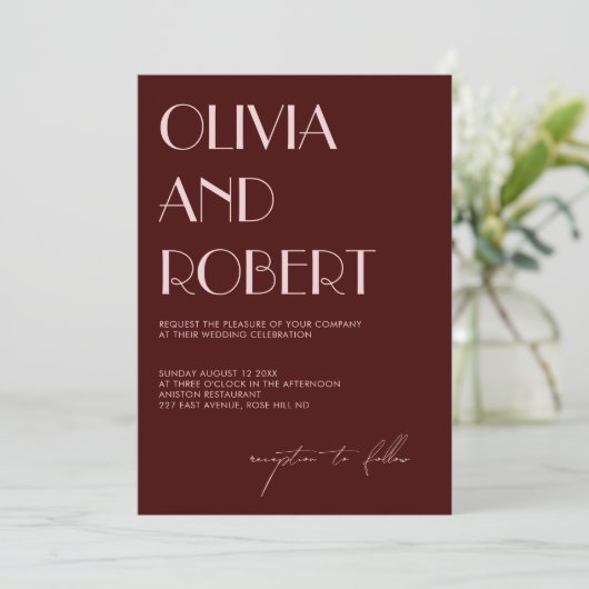 Maroon und blassrosa ästhetische Hochzeitseinladun Einladung (Stehend Vorderseite)