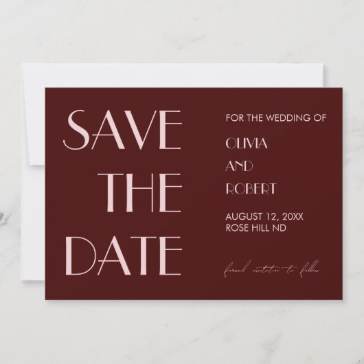 Maroon und blassrosa moderne ästhetische Hochzeit Save The Date (Vorderseite)