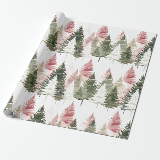 Maroon und Dark Green Pine Tree Geschenkpapier (Ungerollt)