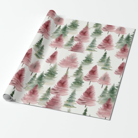 Maroon und Dark Green Pine Tree Geschenkpapier (Ungerollt)